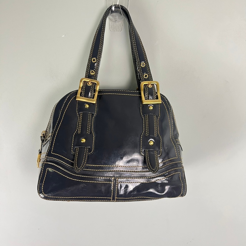 Maxx NY Gray Patent Satchel Handbag Bowler Bag Gold Buckle 90s Y2k Indie Sleaze